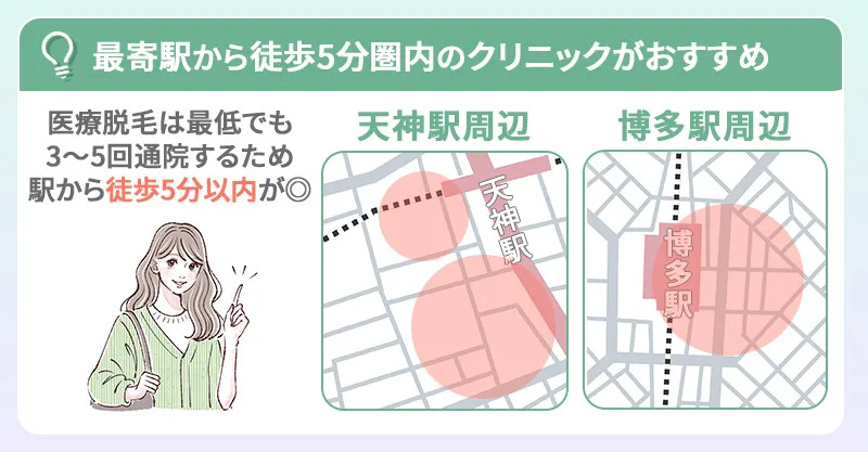福岡で医療脱毛するなら最寄り駅から徒歩5分圏内のクリニックはおすすめ