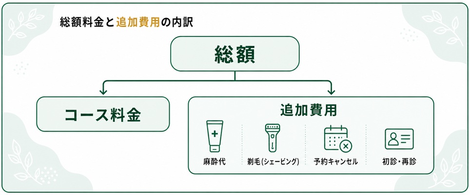 メンズ医療脱毛の総額料金と追加費用の内訳を示す図