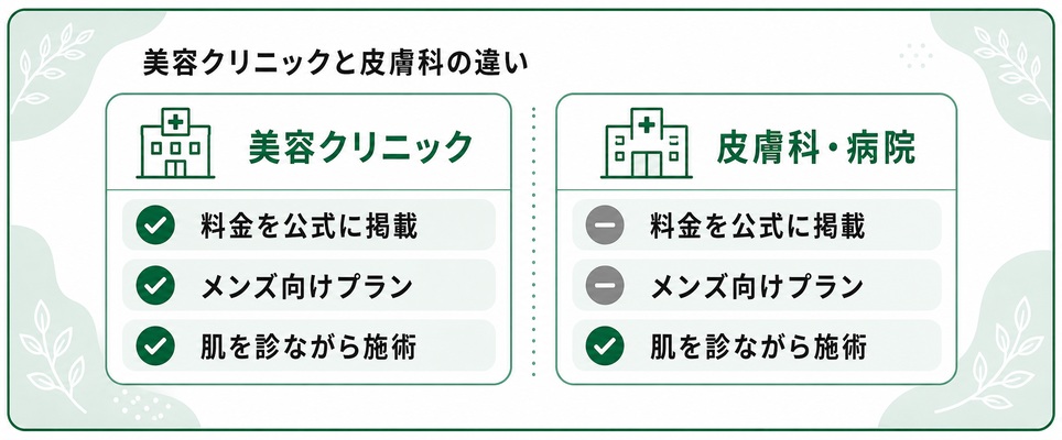 美容クリニックと皮膚科・病院の違いを示す図