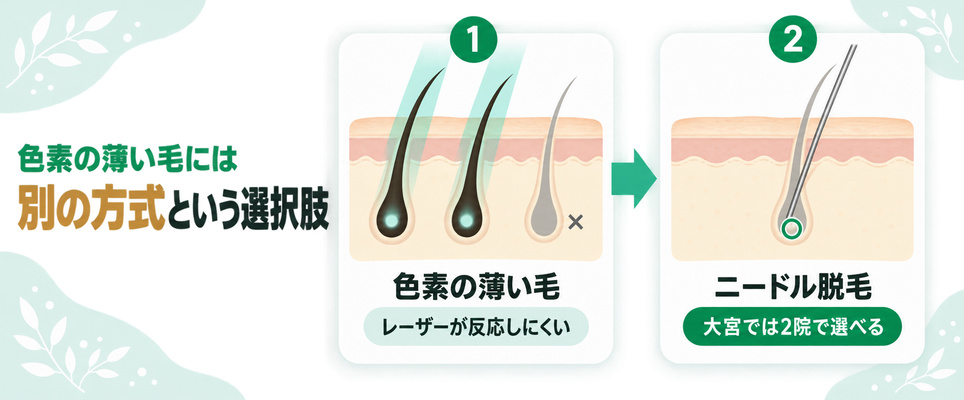 色素の薄い毛にはレーザーが反応しにくく大宮では2院で選べるニードル脱毛という別の方式があることを皮膚の断面で示した図