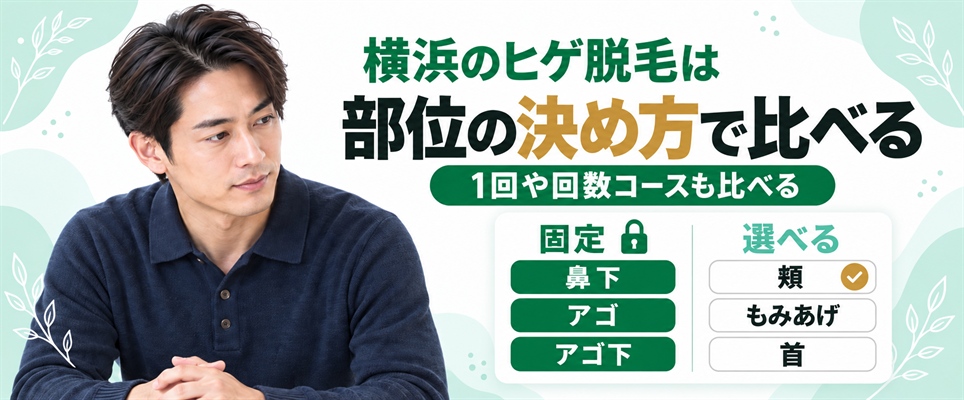 横浜のヒゲ脱毛で鼻下・アゴ・アゴ下が固定の院と頬・もみあげ・首を選べる院の部位の決め方を2列で示した図