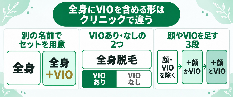 全身にVIOを含める形が別の名前のセット・VIOあり/なしの2択・顔やVIOを足す3段の3通りに分かれることを示した図