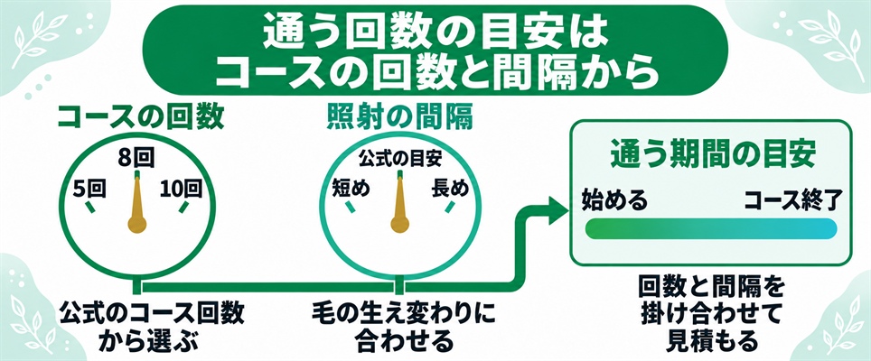 コースの回数と照射の間隔の2つのダイヤルを合わせて通う期間の目安を確かめることを示した図