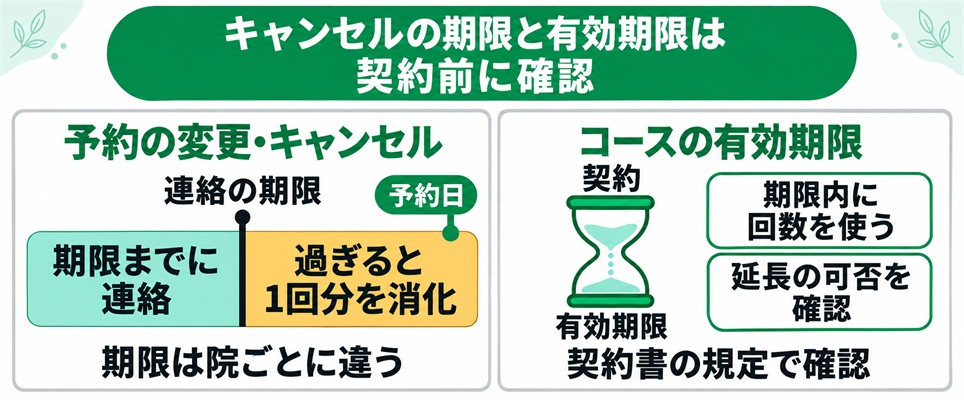 キャンセルの連絡期限を過ぎると1回分を消化することと、コースの有効期限を契約前に確かめることを時間の帯と砂時計で示した図