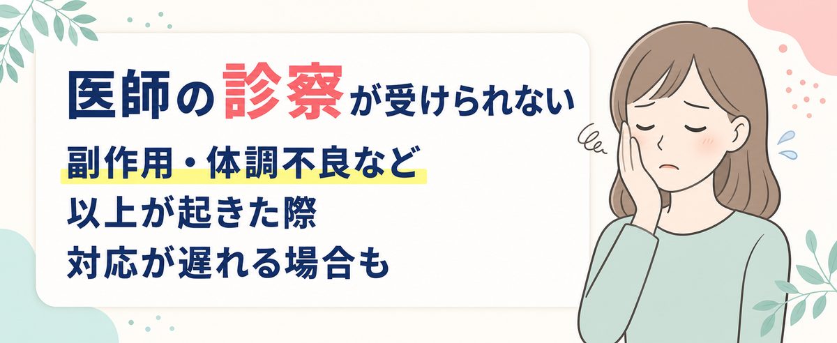医師の診察が受けられないので、副作用等で対応が遅れる可能性も