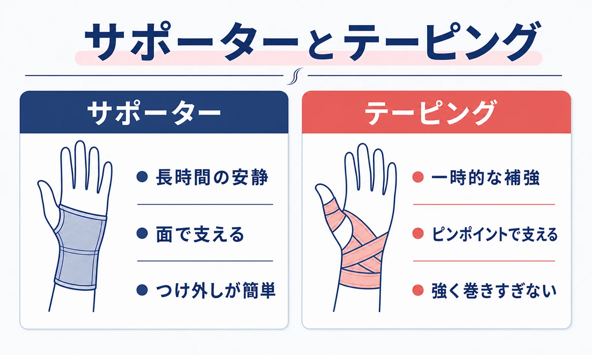 腱鞘炎をサポーターやテーピングで固定する