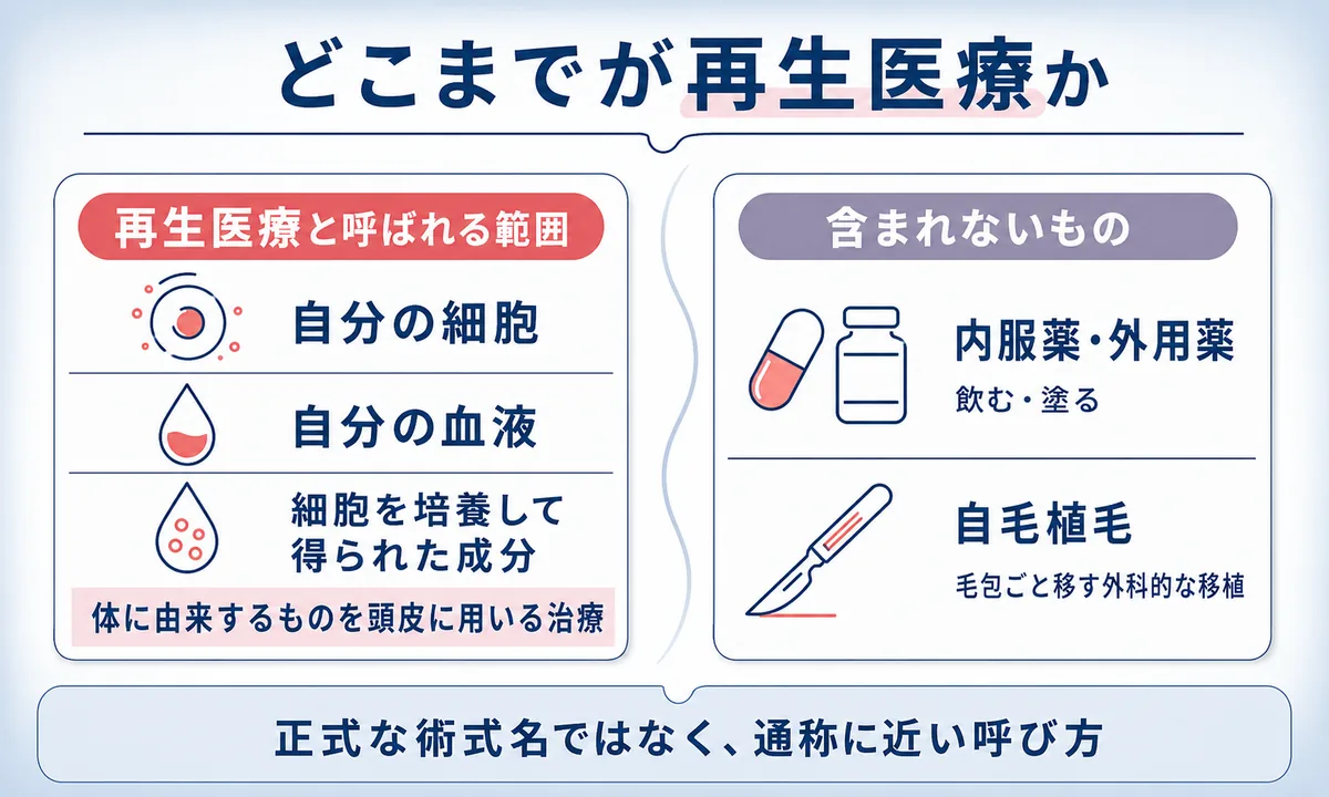 再生医療と呼ばれる範囲に含まれる治療と、内服薬・外用薬や自毛植毛のように含まれないものを2列で対比した図