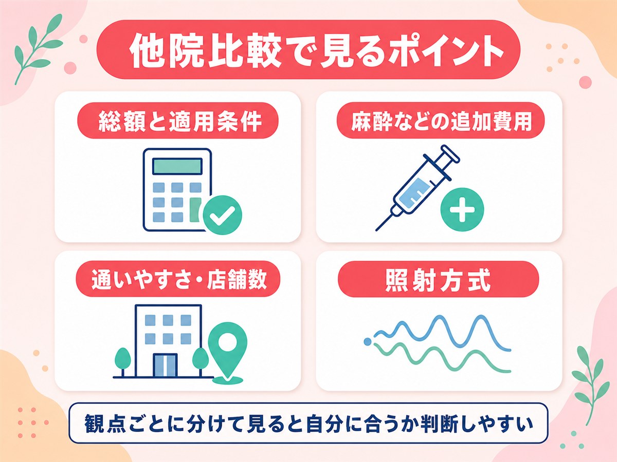エミナルクリニックを他院と比較するときに見る4つの観点（総額と適用条件・麻酔などの追加費用・通いやすさと店舗数・照射方式）を示す図解
