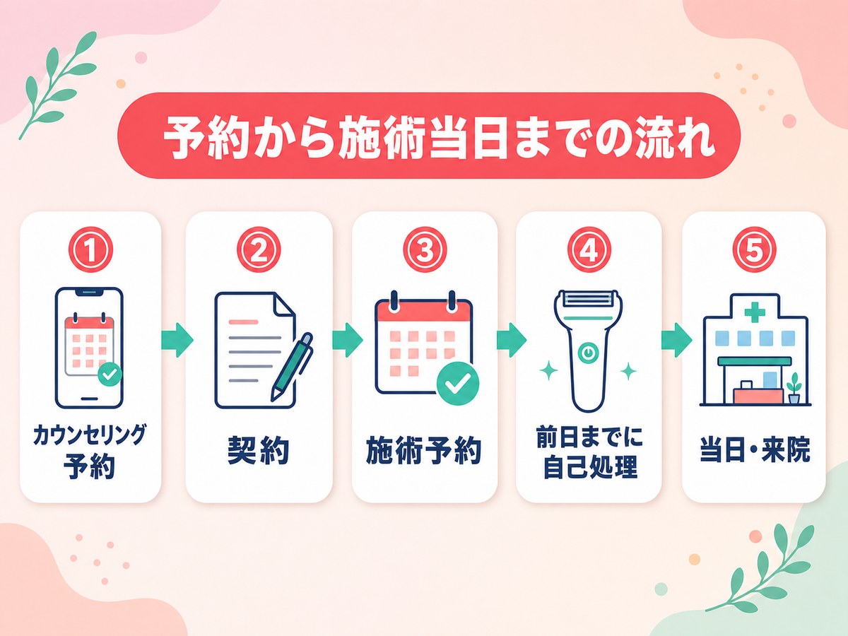 エミナルクリニックの予約から施術当日までの流れ（カウンセリング予約→契約→施術予約→前日までに自己処理→当日）を示す図解