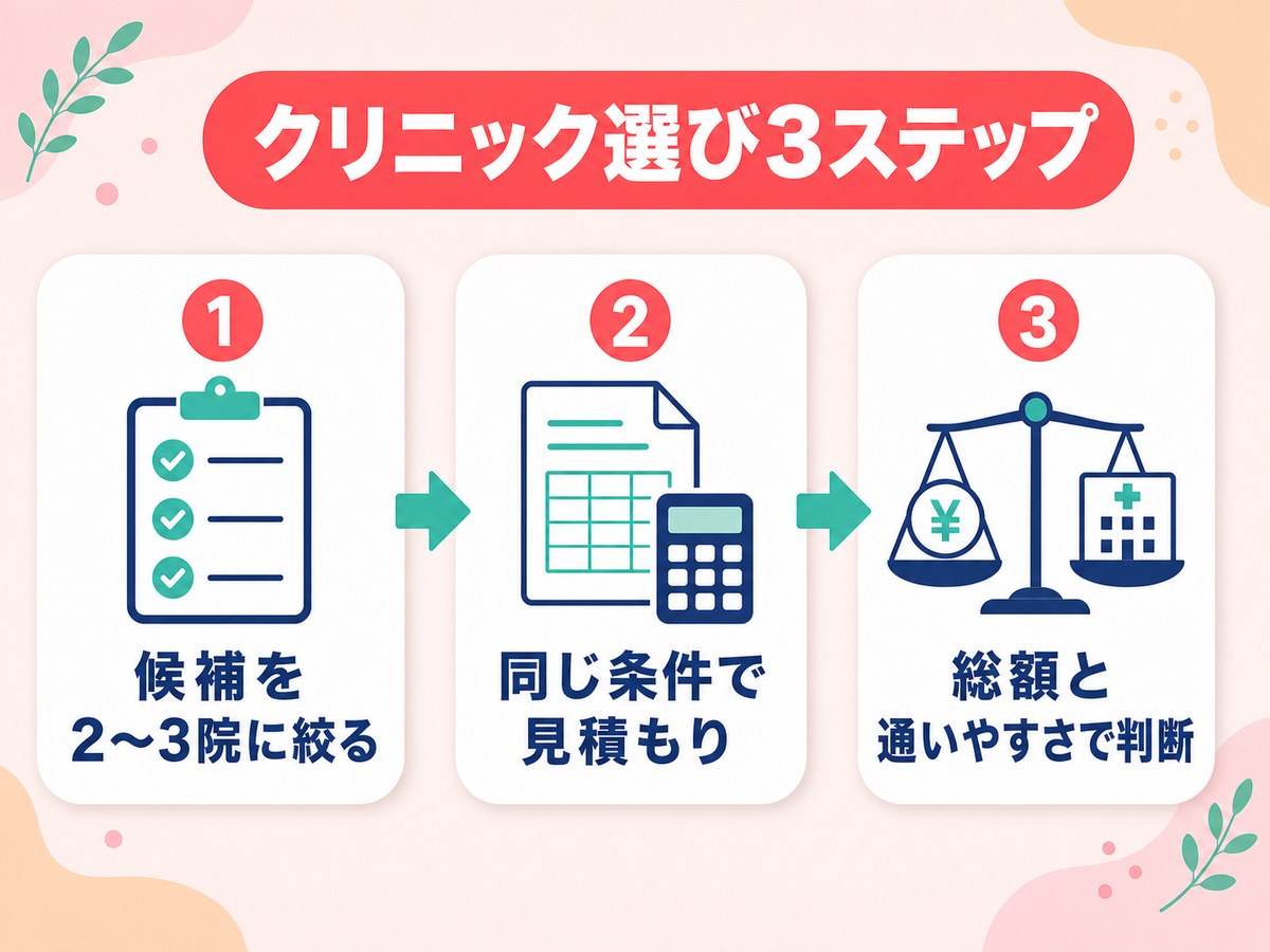 自分に合う医療脱毛クリニックを選ぶ3ステップ（候補を2〜3院に絞る→同じ条件で見積もり→総額と通いやすさで判断）を示す図解