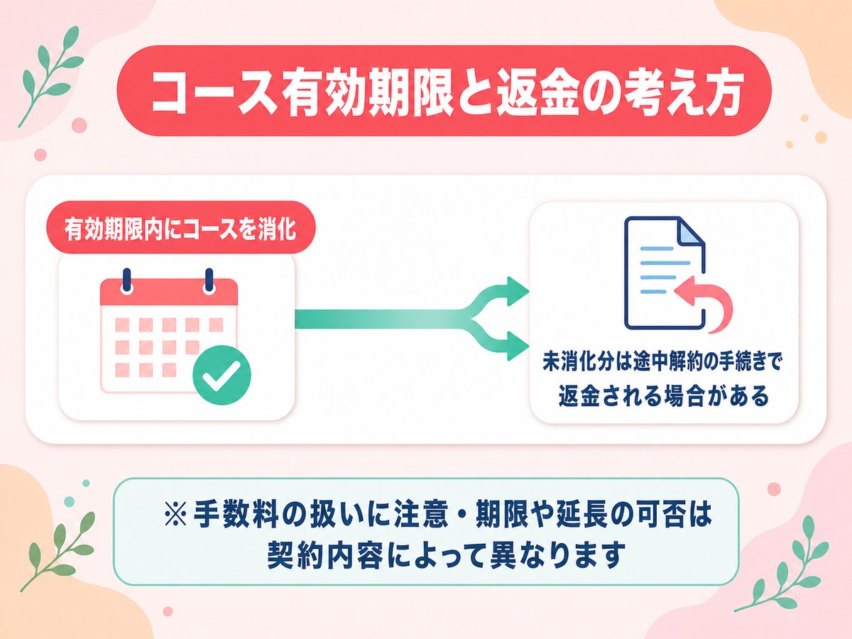 エミナルクリニックのコース有効期限と返金の考え方（有効期限内に消化・未消化分は途中解約の手続きで返金される場合がある・手数料の扱いに注意）を示す図解