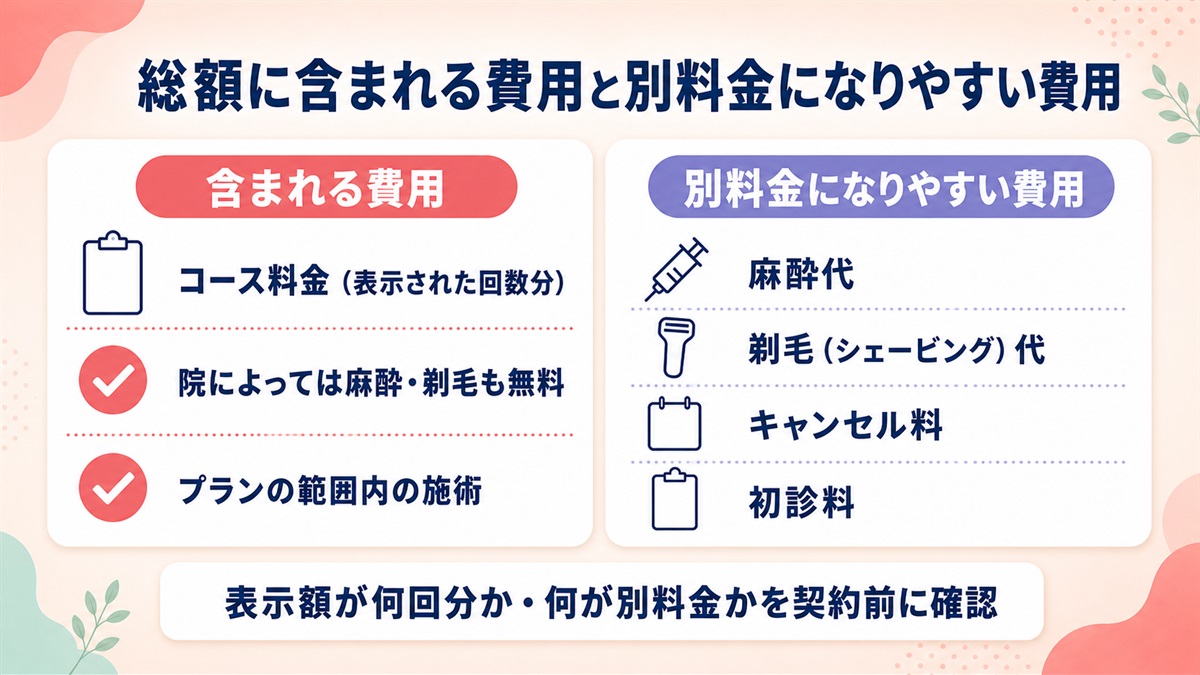 医療脱毛の総額に含まれる費用と別料金になりやすい費用を整理した一覧図