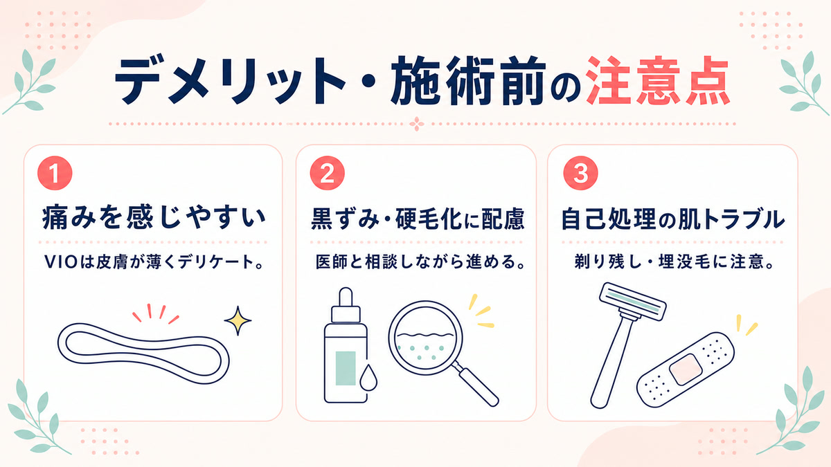 介護脱毛のデメリットと施術前の注意点をまとめた図