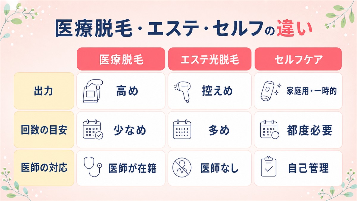 医療脱毛・エステ光脱毛・セルフケアの違いを比較した図