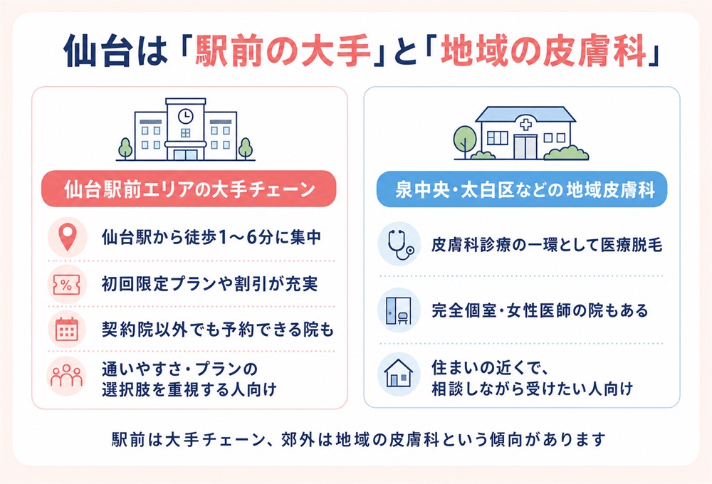 仙台の駅前の大手と地域の皮膚科の比較