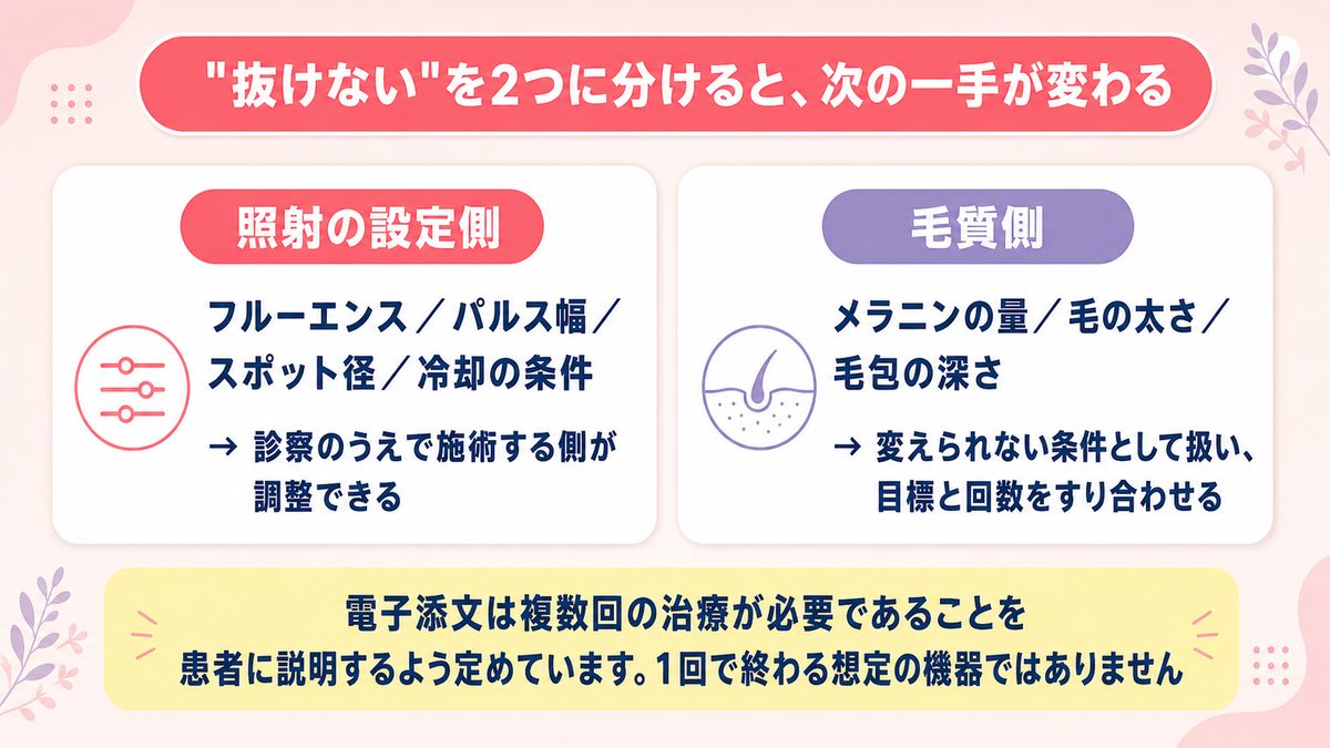 脱毛が抜けないと感じるときの原因を照射の設定側と毛質側に切り分けて次の一手を示した図