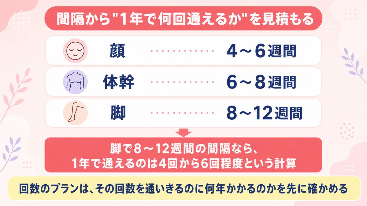 部位別の照射間隔の目安から1年に通える回数を見積もる考え方を示した図