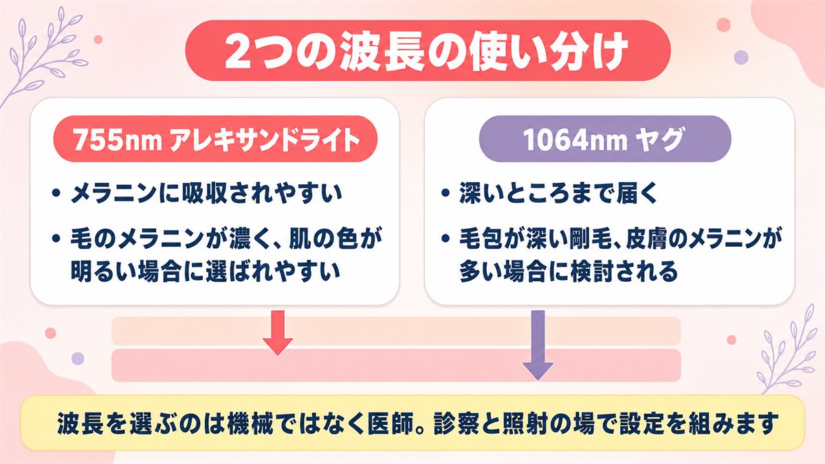 755nmのアレキサンドライトレーザーと1064nmのヤグレーザーを使い分ける基準を対比した図
