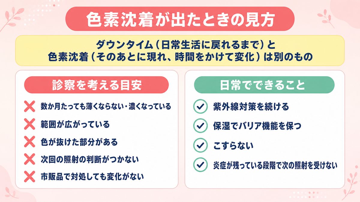 照射後の色素沈着で診察を考える目安と日常でできる対策を整理した図