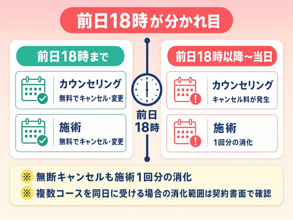 ルシアクリニックのキャンセルは前日18時が分かれ目であることを示す図解