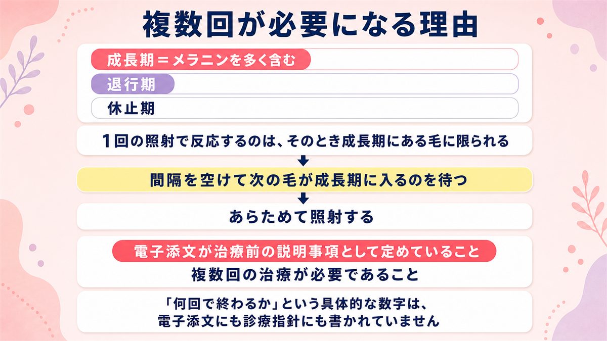 成長期の毛だけが反応するため複数回の照射が必要になる毛周期の考え方を示した図