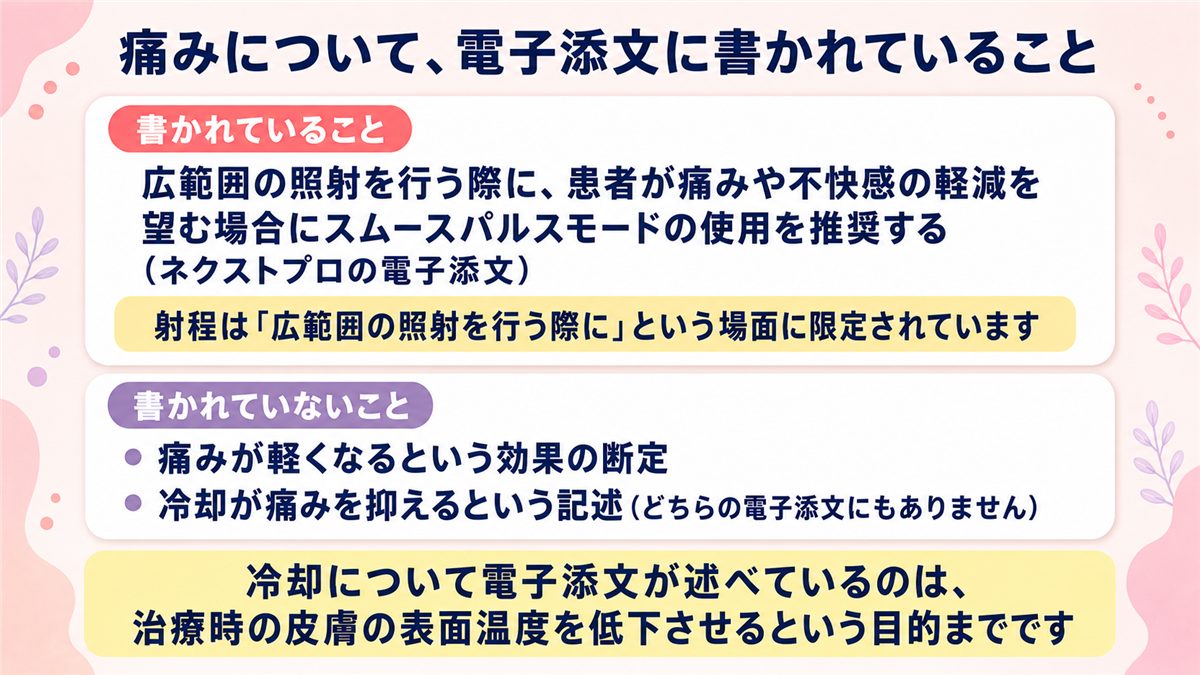 痛みについて電子添文に書かれている内容と書かれていない内容を切り分けた図