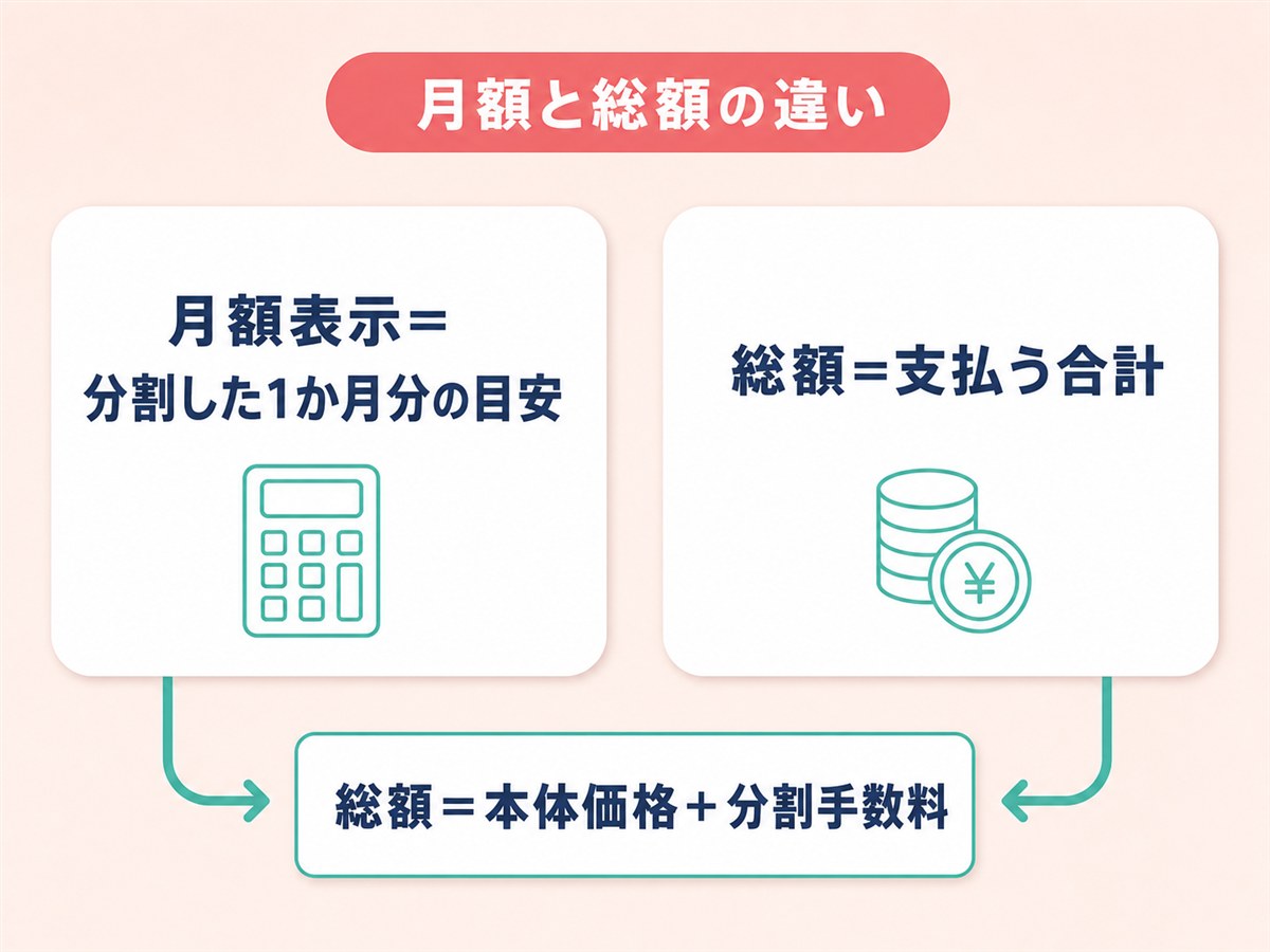レジーナクリニックの分割払いの月額と総額の違いを示す図解