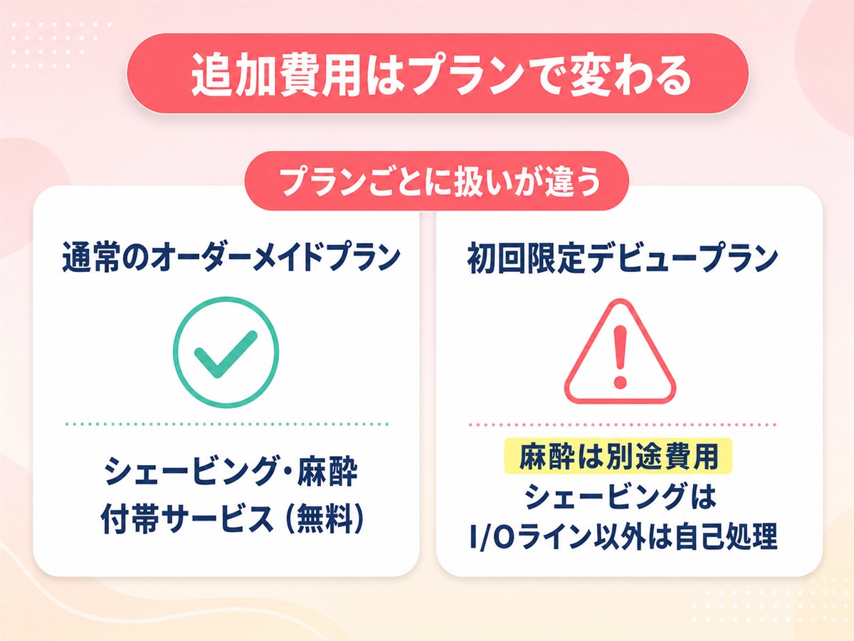 レジーナクリニックの通常プランとデビュープランで追加費用の扱いが違うことを示す図解