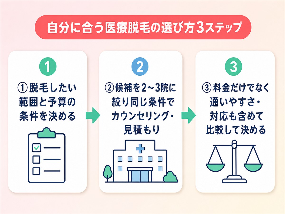 自分に合う医療脱毛クリニックの選び方3ステップを示す図解