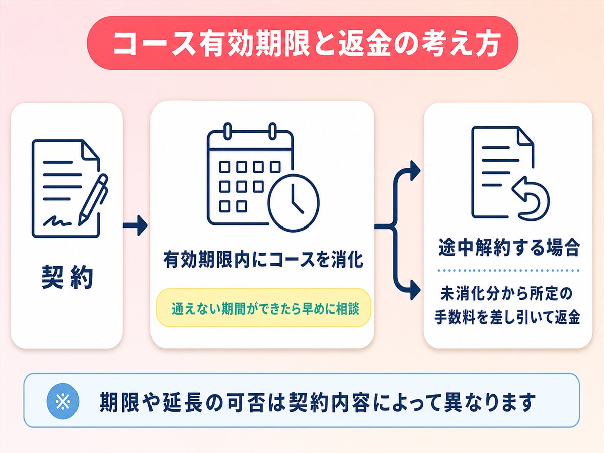 レジーナクリニックのコース有効期限と途中解約時の返金の考え方を示す図解