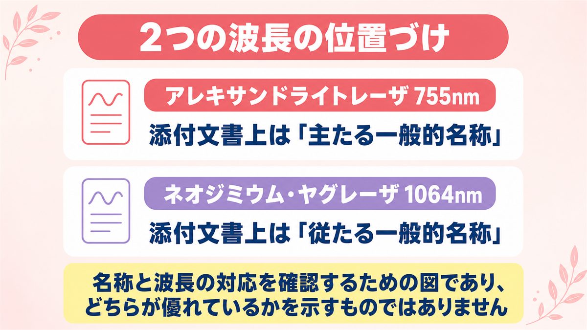 スプレンダーXが備える755nmのアレキサンドライトレーザと1064nmのネオジミウム・ヤグレーザの位置づけを示した図