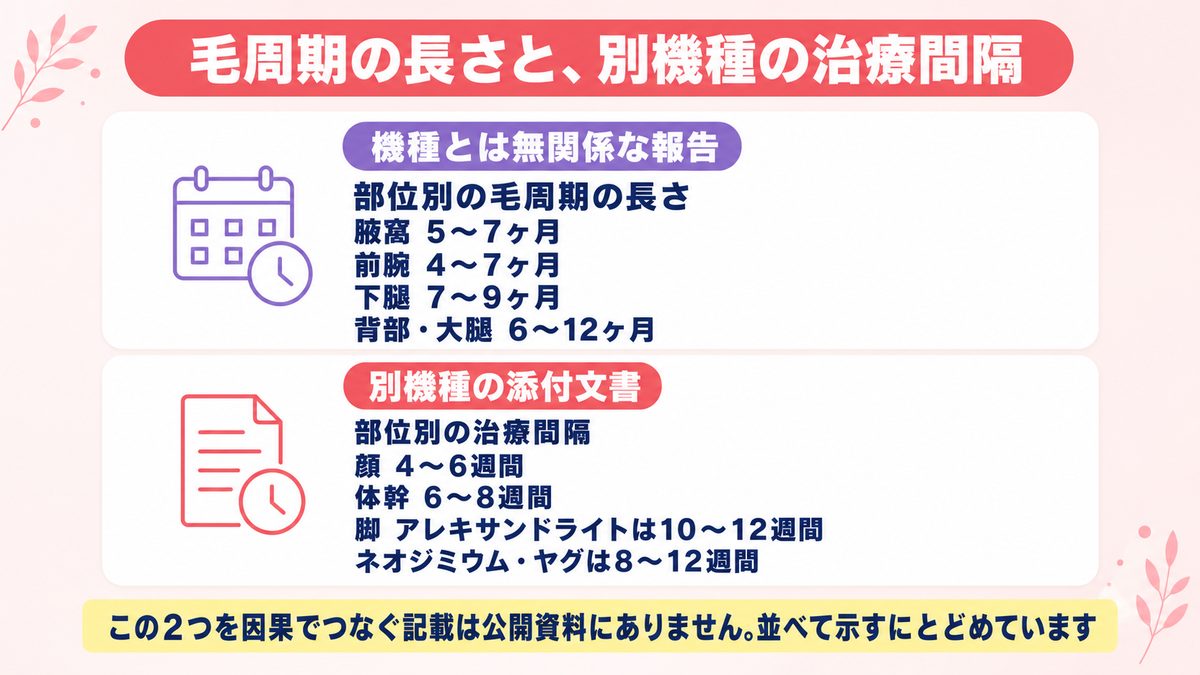 部位ごとの毛周期の長さと別機種の添付文書に載る治療間隔を並置した図