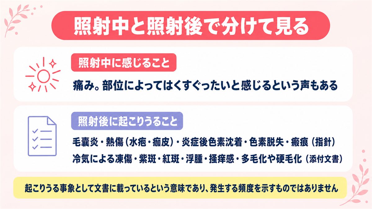 スプレンダーXの照射中に感じることと照射後に起こりうることを分類した図
