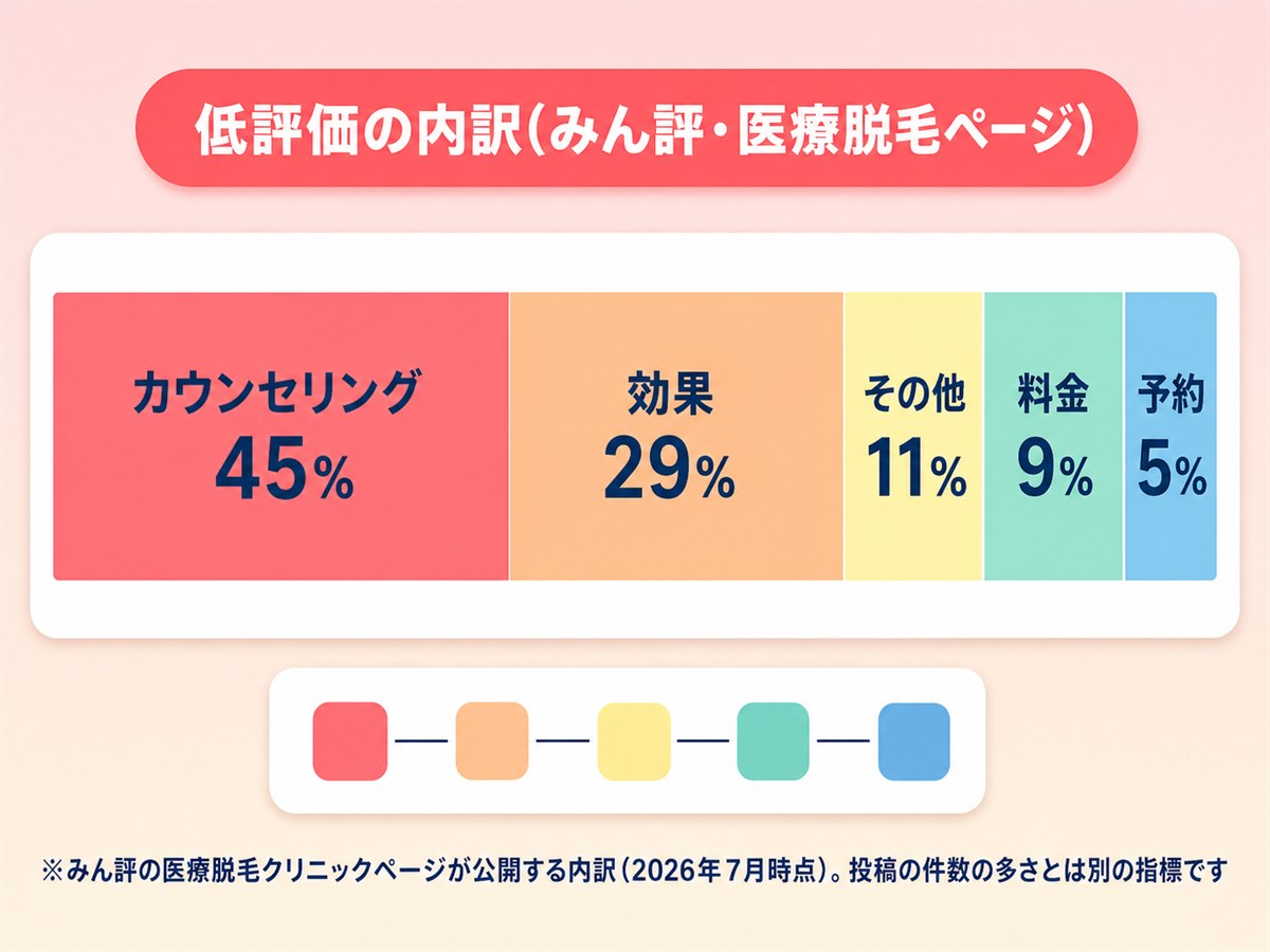 みん評の医療脱毛クリニックページに公開されている低評価の内訳