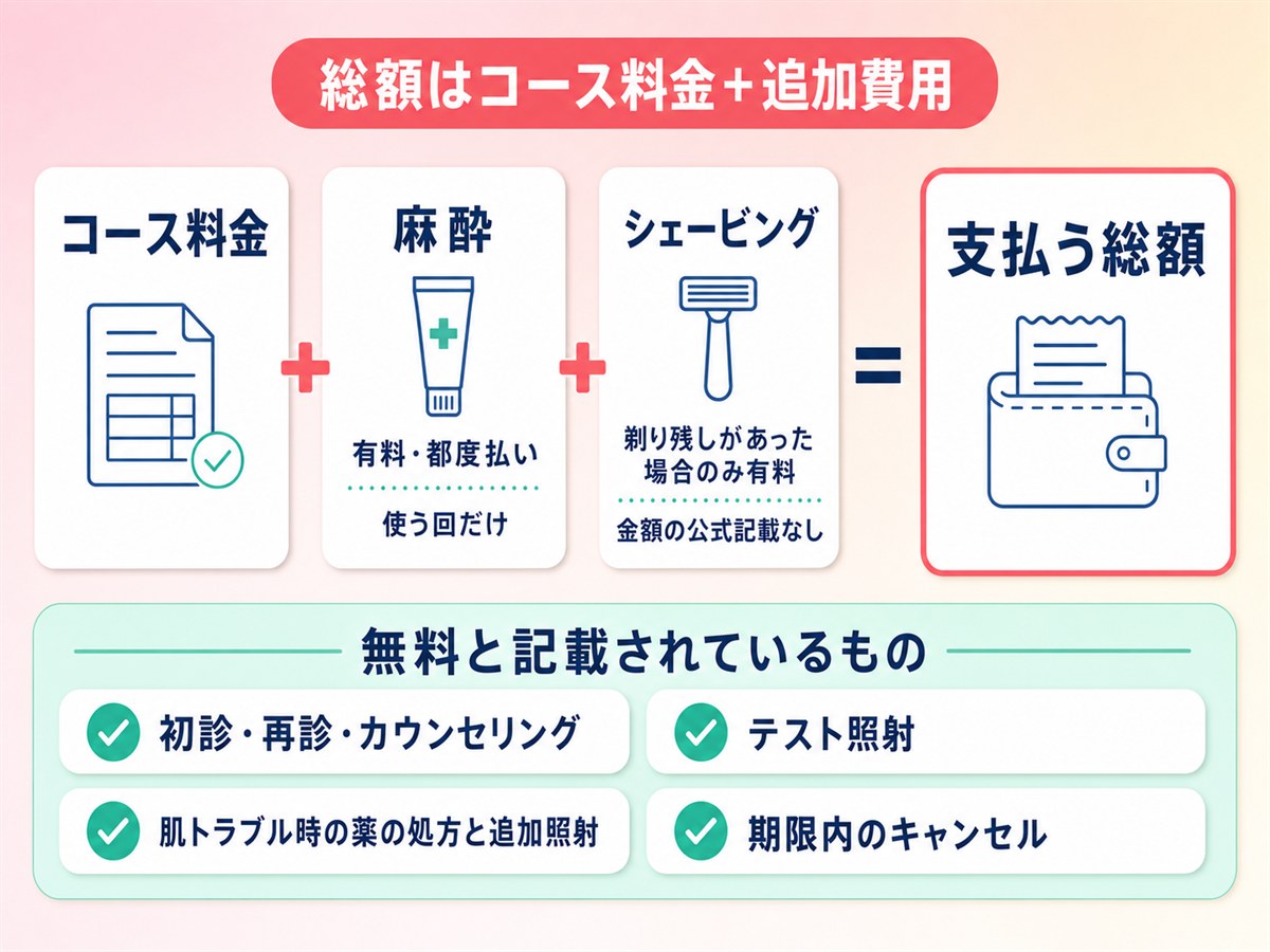 TCB脱毛の総額はコース料金に麻酔とシェービングを足した金額