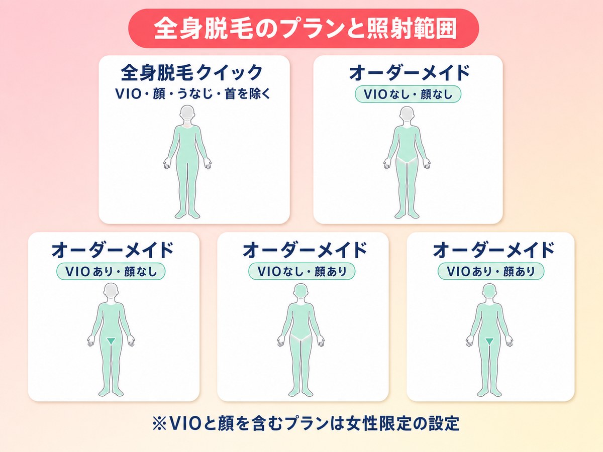 TCBの全身脱毛のプランごとの照射範囲