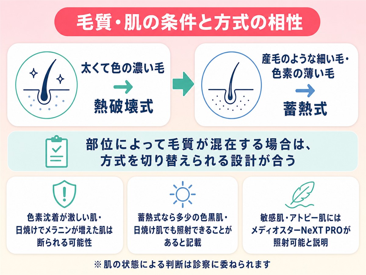 TCB脱毛の毛質・肌の条件と照射方式の相性